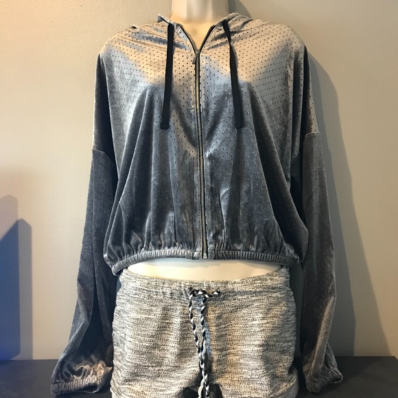 F21 silver velvet mesh cropped hoodie, sz Medium - Picture 1 of 6